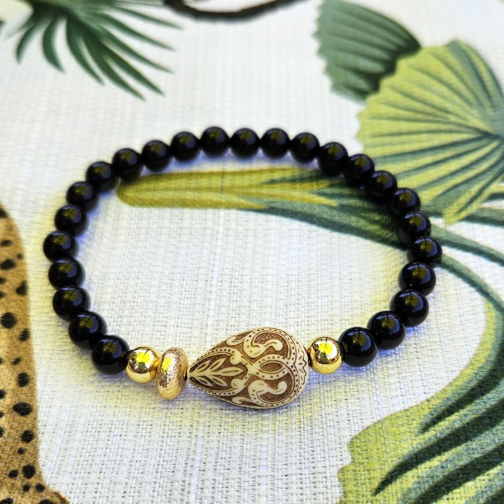 SALE!! Boho Bracelet with Onyx, Gold Fill, and Baroque Carved Teardrop Bead